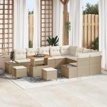 ARDEBO.de - 12-teiliges Garten-Sofa-Set mit Kissen Beige Poly-Rattan Akazie, 3-teiliges Garten-Ess-Set mit Kissen Beige Poly-Rattan Akazie, 2-Sitzer Garten-Sofa mit Kissen Beige Poly-Rattan