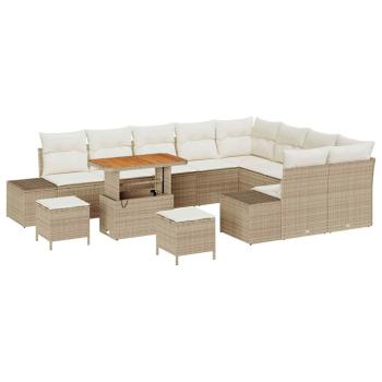 12-teiliges Garten-Sofa-Set mit Kissen Beige Poly-Rattan Akazie, 3-teiliges Garten-Ess-Set mit Kissen Beige Poly-Rattan Akazie, 2-Sitzer Garten-Sofa mit Kissen Beige Poly-Rattan