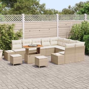 12-teiliges Garten-Sofa-Set mit Kissen Beige Poly-Rattan Akazie, 3-teiliges Garten-Ess-Set mit Kissen Beige Poly-Rattan Akazie, 2-Sitzer Garten-Sofa mit Kissen Beige Poly-Rattan