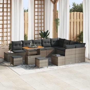 ARDEBO.de - 12-teiliges Garten-Sofa-Set mit Kissen Grau Poly-Rattan Akazie, 3-teiliges Garten-Dining-Set mit Kissen Grau Poly-Rattan Akazie, 2-Sitzer Garten-Sofa mit Kissen Grau Poly-Rattan