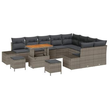 12-teiliges Garten-Sofa-Set mit Kissen Grau Poly-Rattan Akazie, 3-teiliges Garten-Dining-Set mit Kissen Grau Poly-Rattan Akazie, 2-Sitzer Garten-Sofa mit Kissen Grau Poly-Rattan