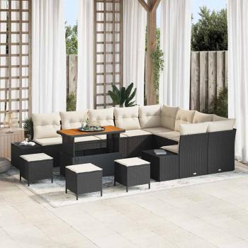 ARDEBO.de - 13-teiliges Garten Sofa Set mit Kissen Schwarz Poly Rattan Akazienholz, 4-teiliges Garten Esstisch Set mit Kissen Schwarz Poly Rattan Akazienholz, 2-Sitzer Garten Sofa mit Kissen Schwarz Poly Rattan