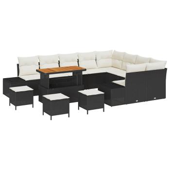 13-teiliges Garten Sofa Set mit Kissen Schwarz Poly Rattan Akazienholz, 4-teiliges Garten Esstisch Set mit Kissen Schwarz Poly Rattan Akazienholz, 2-Sitzer Garten Sofa mit Kissen Schwarz Poly Rattan