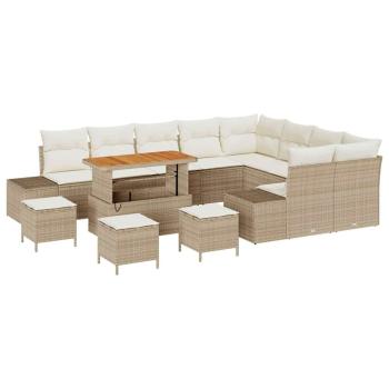 13-teiliges Garten-Sofa-Set mit Kissen Beige Poly-Rattan Akazie, 4-teiliges Garten-Ess-Set mit Kissen Beige Poly-Rattan Akazie, 2-Sitzer Garten-Sofa mit Kissen Beige Poly-Rattan