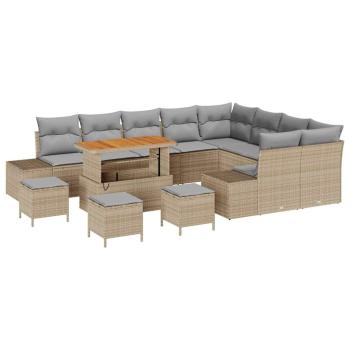 13-teiliges Garten-Sofa-Set mit Kissen Beige Poly Rattan Akazie, 4-teiliges Garten-Esszimmer-Set mit Kissen Beige Poly Rattan Akazie, 2-Sitzer Garten Sofa mit Kissen Beige Poly Rattan