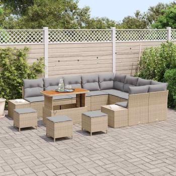 13-teiliges Garten-Sofa-Set mit Kissen Beige Poly Rattan Akazie, 4-teiliges Garten-Esszimmer-Set mit Kissen Beige Poly Rattan Akazie, 2-Sitzer Garten Sofa mit Kissen Beige Poly Rattan