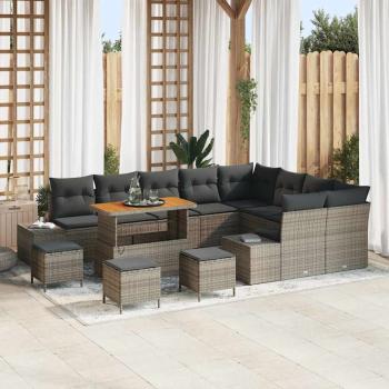 ARDEBO.de - 13-teiliges Garten Sofa Set mit Kissen Grau Poly-Rattan Akazie, 4-teiliges Garten Essset mit Kissen Grau Poly-Rattan Akazie, 2-Sitzer Garten Sofa mit Kissen Grau Poly-Rattan