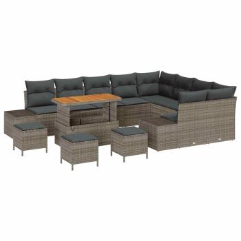 13-teiliges Garten Sofa Set mit Kissen Grau Poly-Rattan Akazie, 4-teiliges Garten Essset mit Kissen Grau Poly-Rattan Akazie, 2-Sitzer Garten Sofa mit Kissen Grau Poly-Rattan