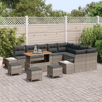 13-teiliges Garten Sofa Set mit Kissen Grau Poly-Rattan Akazie, 4-teiliges Garten Essset mit Kissen Grau Poly-Rattan Akazie, 2-Sitzer Garten Sofa mit Kissen Grau Poly-Rattan
