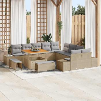 ARDEBO.de - 13-teilige Garten Sofa Set mit Kissen Beige Poly Rattan Akazie, 2-Sitzer Garten Sofa mit Kissen Beige Poly Rattan, 3-teilige Garten Esstisch Set mit Kissen Beige Poly Rattan Akazie