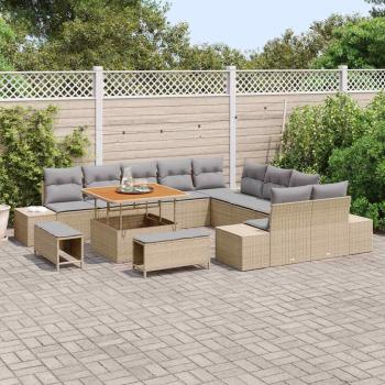 13-teilige Garten Sofa Set mit Kissen Beige Poly Rattan Akazie, 2-Sitzer Garten Sofa mit Kissen Beige Poly Rattan, 3-teilige Garten Esstisch Set mit Kissen Beige Poly Rattan Akazie