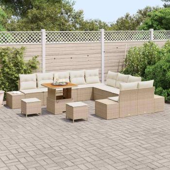 ARDEBO.de - 13-teilige Garten Sofa Set mit Kissen Beige Poly Rattan Akazie, 2-Sitzer Garten Sofa mit Kissen Beige Poly Rattan, 3-teilige Garten Essgruppe mit Kissen Beige Poly Rattan Akazie