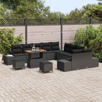 13-teilige Garten Sofaset mit Kissen Schwarz Poly Rattan Akazie, 2-Sitzer Garten Sofa mit Kissen Schwarz Poly Rattan, 3-teiliger Garten Esstisch mit Kissen Schwarz Poly Rattan Akazie