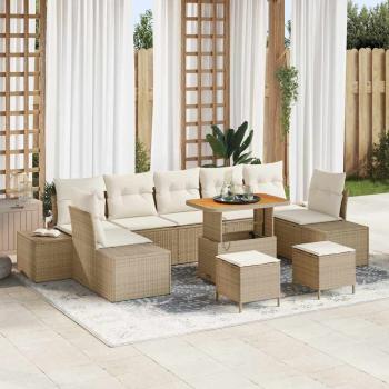 ARDEBO.de - 10-teiliges Garten-Sofa-Set mit Kissen Beige Poly Rattan Akazie, 2-Sitzer Garten-Sofa mit Stauraum & Kissen Beige Poly Rattan, 3-teiliges Garten-Dining-Set mit Kissen Beige Poly Rattan Akazie