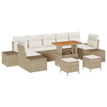 10-teiliges Garten-Sofa-Set mit Kissen Beige Poly Rattan Akazie, 2-Sitzer Garten-Sofa mit Stauraum & Kissen Beige Poly Rattan, 3-teiliges Garten-Dining-Set mit Kissen Beige Poly Rattan Akazie