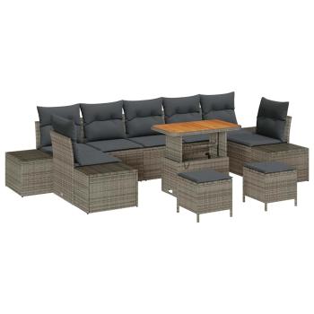 ARDEBO.de - 10-teiliges Garten-Sofa-Set mit Kissen Grau Poly-Rattan Akazie, 2-Sitzer Garten-Sofa mit Stauraum & Kissen Grau Poly-Rattan, 3-teiliges Garten-Ess-Set mit Kissen Grau Poly-Rattan Akazie