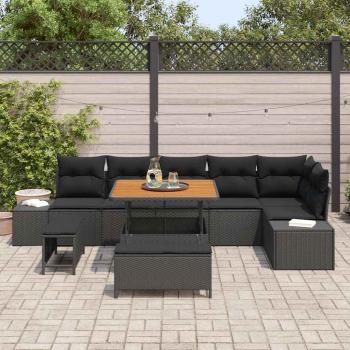 ARDEBO.de - 9-teiliges Garten Sofa Set mit Kissen Schwarz Poly Rattan Akazie, 2-Sitzer Garten Sofa mit Stauraum & Kissen Schwarz Poly Rattan, 3-teiliges Garten Esszimmer Set mit Kissen Schwarz Poly Rattan Akazie