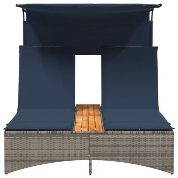 Doppel-Sonnenliege mit Dach und Kissen Grau Poly Rattan