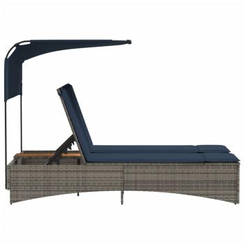 Doppel-Sonnenliege mit Dach und Kissen Grau Poly Rattan