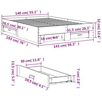 Bettgestell mit Schubladen Betongrau 140x190 cm Holzwerkstoff