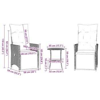 3-teiliges Bistro-Set mit Kissen Grau Poly Rattan