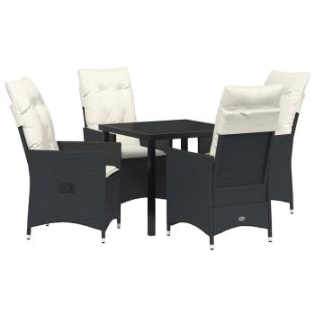 5-teiliges Garten-Dining-Set mit Kissen - Schwarzes Poly-Rattan
