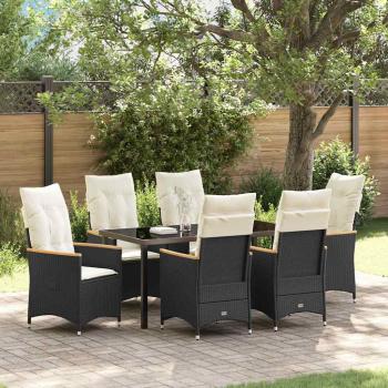 ARDEBO.de - 7-teiliges Garten-Esstisch-Set mit Kissen in schwarzem Poly-Rattan