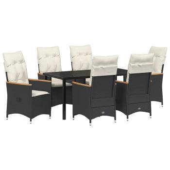 7-teiliges Garten-Esstisch-Set mit Kissen in schwarzem Poly-Rattan