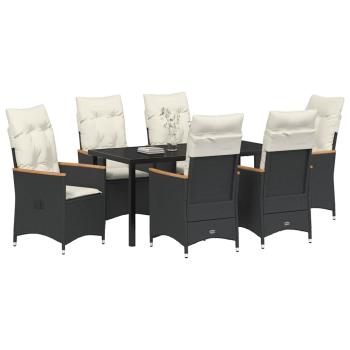 7-teiliges Garten-Esstisch-Set mit Kissen in schwarzem Poly-Rattan