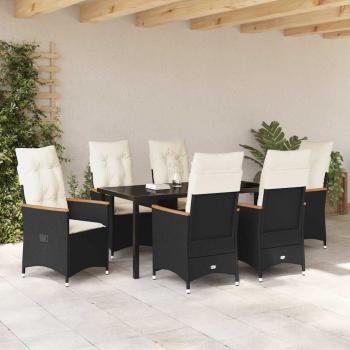 7-teiliges Garten-Esstisch-Set mit Kissen in schwarzem Poly-Rattan