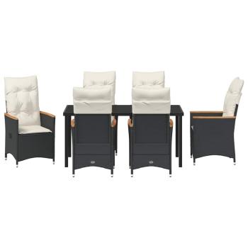 7-teiliges Garten-Esstisch-Set mit Kissen in schwarzem Poly-Rattan
