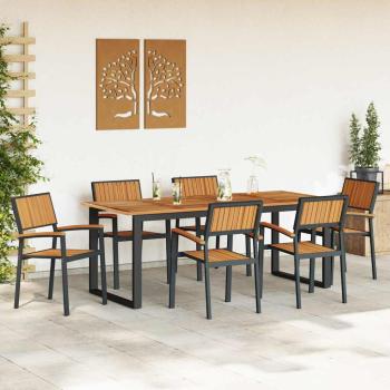7-teiliges Garten Essset Schwarzstahl und massivem Akazienholz