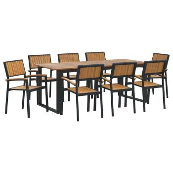 9-teiliges Garten Esstisch Set Schwarz Stahl und massives Akazienholz