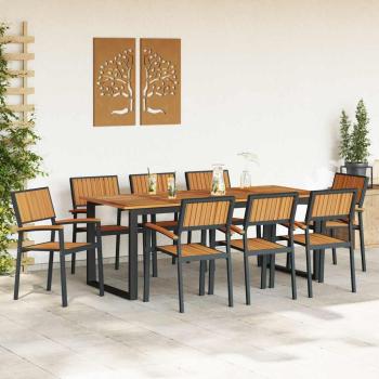 9-teiliges Garten Esstisch Set Schwarz Stahl und massives Akazienholz