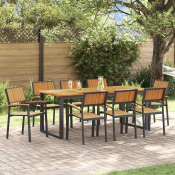 9-teiliges Garten Esstisch Set Schwarz Stahl und massives Akazienholz
