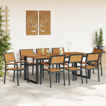 9-teiliges Garten Esstisch Set Schwarz Stahl und massives Akazienholz