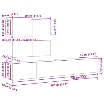 6-teiliges TV-Schrank Set wandmontiertes schwarzes Eichenholz Spielholz