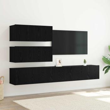 6-teiliges TV-Schrank Set wandmontiertes schwarzes Eichenholz Spielholz