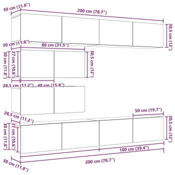 6-teiliges TV-Schrank Set wandmontiertes schwarzes Eichenholz Spielholz