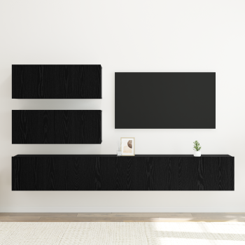 6-teiliges TV-Schrank Set wandmontiertes schwarzes Eichenholz Spielholz