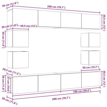 8-teiliges TV-Schranksystem Wandmontiert Schwarze Eiche Holzwerkstoff, Wandmontierte TV-Schränke 2 Stück Schwarze Eiche 30,5x30x30 cm, TV-Schränke 2 Stück Schwarze Eiche 100x30x30 cm Holzwerkstoff