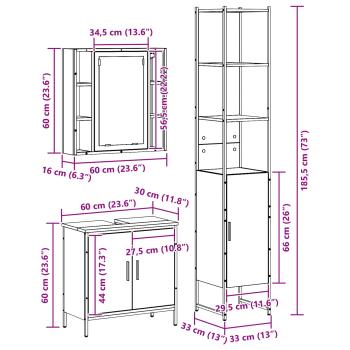 Waschbecken Schrank schwarze Eiche 60x30x60 cm Holzwerkstoff, Badezimmer Schrank schwarze Eiche 33x33x185,5 cm Holzwerkstoff
