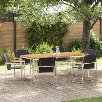 7-teiliges Garten Esszimmer Set aus massivem Akazienholz, Outdoor Esstisch 200x90x74.5 cm aus massivem Akazienholz