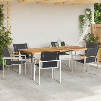 7-teiliges Garten Esszimmer Set aus massivem Akazienholz, Outdoor Esstisch 200x90x74.5 cm aus massivem Akazienholz