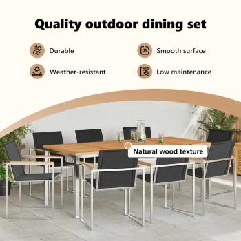 9-teilige Garten Essgruppe aus massivem Akazienholz, Outdoor Esstisch 200x90x74.5 cm aus massivem Akazienholz
