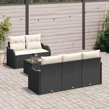 6-teilige Garten-Sofaset mit Kissen Schwarz Poly-Rattan, 2-Sitzer Garten-Sofa mit Kissen Schwarz Poly-Rattan