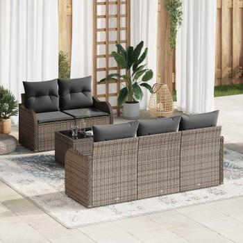 ARDEBO.de - 6-teiliges Garten-Sofa-Set mit Kissen Grau Poly-Rattan, 2-Sitzer Garten-Sofa mit Kissen Grau Poly-Rattan