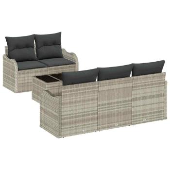 6-teiliges Garten Sofa Set mit Kissen Hellgrau Poly Rattan, 2-Sitzer Garten Sofa mit Kissen Hellgrau Poly Rattan