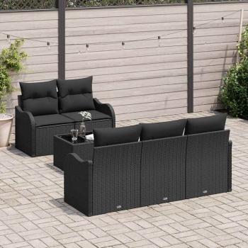 6-teiliges Gartensofa-Set mit Kissen Schwarz Poly Rattan, 2-Sitzer Gartensofa mit Kissen Schwarz Poly Rattan