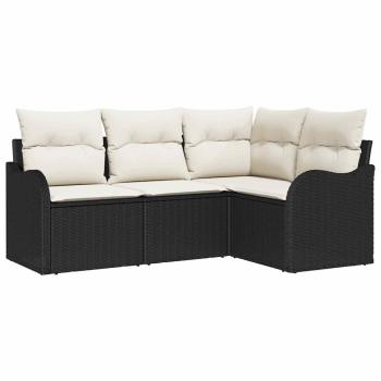 4-teiliges Garten Sofa Set mit Kissen Schwarz Poly Rattan, 2-Sitzer Garten Sofa mit Kissen Schwarz Poly Rattan